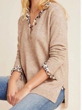 By Anthropologie Serena V-Neck Sweater Pullover Button Detail Tunic Brown L